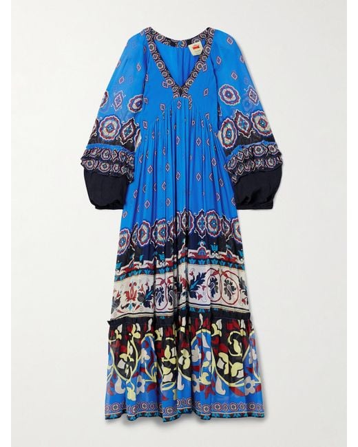 Farm Rio Blue Ainika Maxikleid Aus Bedrucktem Georgette Mit Raffungen