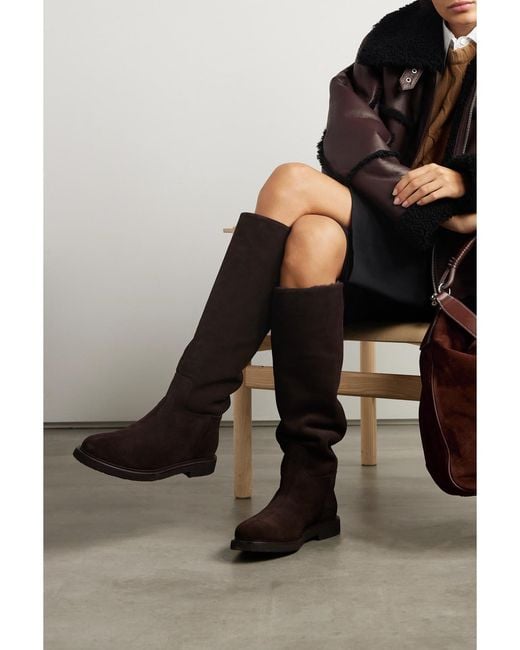 LEGRES Black Shearling-Lined Suede Knee Boots
