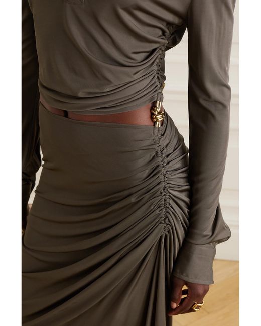 Bottega Veneta Brown Embellished Cutout Ruched Stretch-Jersey Maxi Dress