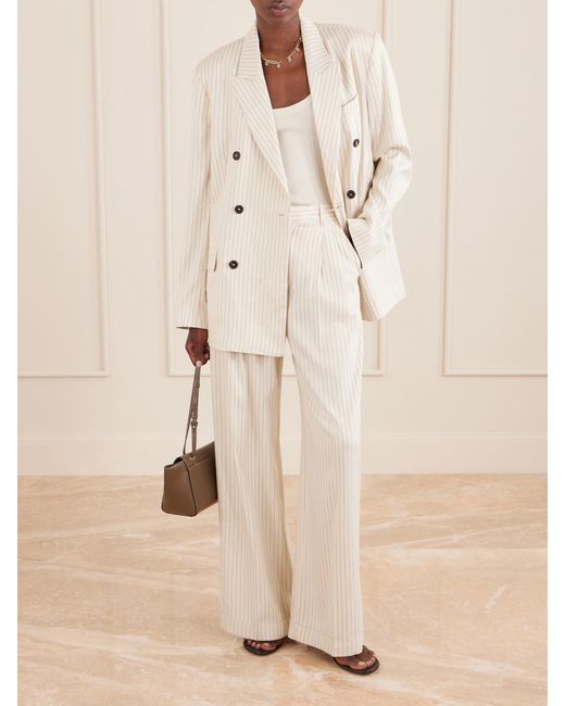 FRAME White Avenue Pleated Striped Woven Wide-Leg Pants