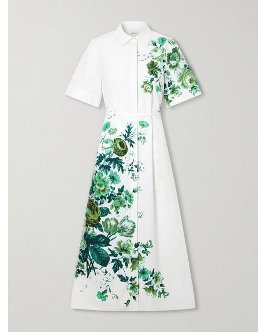 Erdem Green Floral-Print Cotton-Poplin Midi Shirt Dress