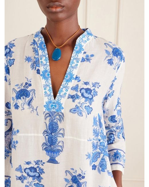 Emporio Sirenuse Blue Giada Floral-Print Cotton-Voile Kaftan
