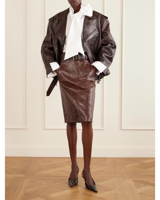Saint Laurent Brown Glossed Textured-Leather Biker Jacket
