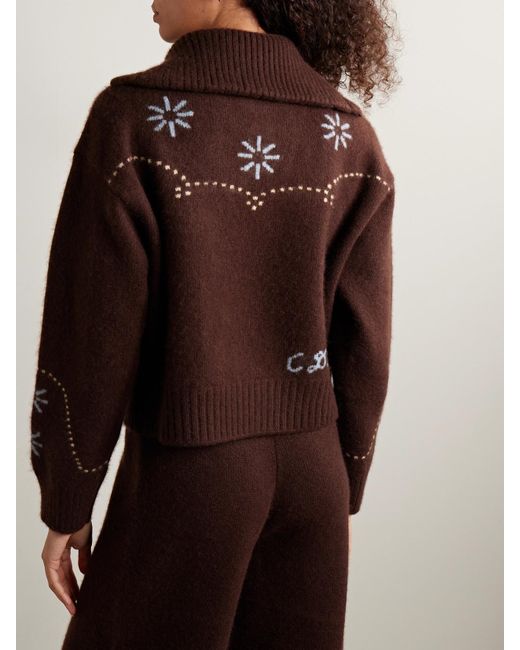 Calle Del Mar Brown Intarsia-Knit Cashmere Cardigan