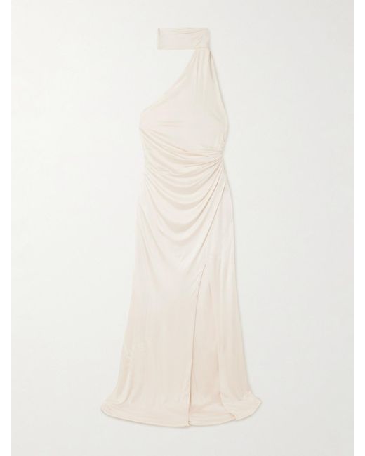 Tom Ford White Asymmetrische Neckholder-Robe Aus Glänzendem Jersey Mit Raffungen