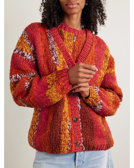 The Elder Statesman Red Striped Organic Cotton-Bouclé Cardigan