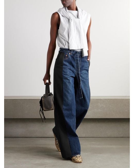Sacai Blue Jeans Mit Weitem Bein, Einsätzen Aus Einer Wollmischung Und Gürtel