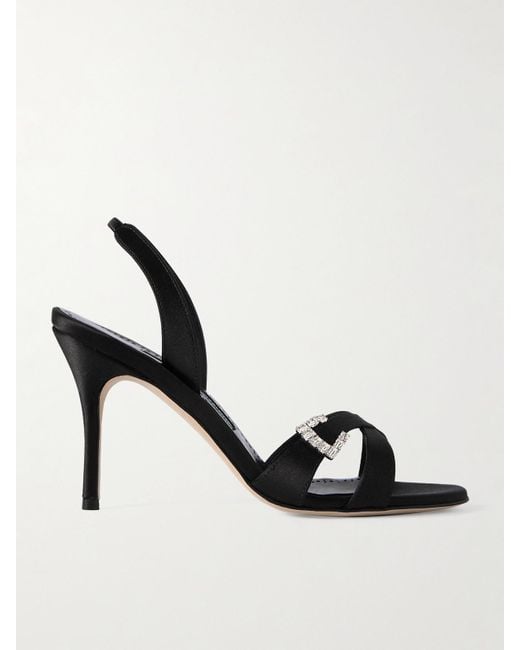 Manolo Blahnik Metallic Ramisli 90 Crystal-Embellished Satin Slingback Sandals