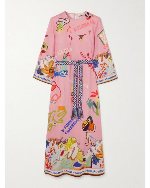 ALÉMAIS White Nadia Hernández La Charrasca Belted Printed Linen Midi Dress
