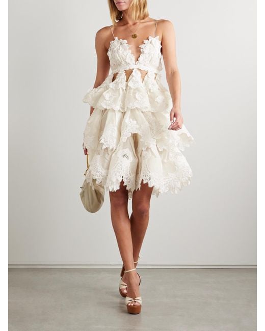 Zimmermann Crush Tiered Ruffled Lace-Trimmed Linen And Silk-Blend Mini Dress  in Natural | Lyst