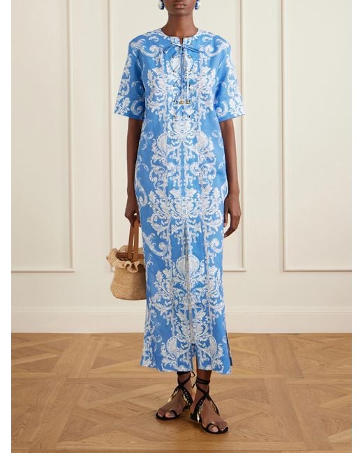 Borgo De Nor Blue Calista Linen Printed Maxi Dress