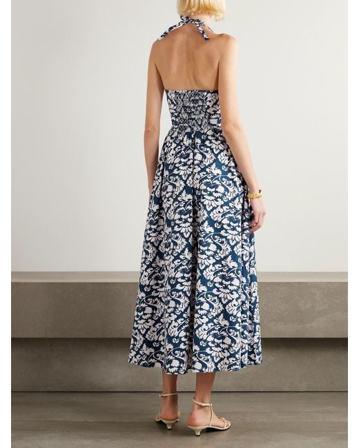 Robe Midi Dos Nu En Serge De Coton À Imprimé Fleuri Et À Plis Johanna Lotus Emporio Sirenuse en coloris Blue
