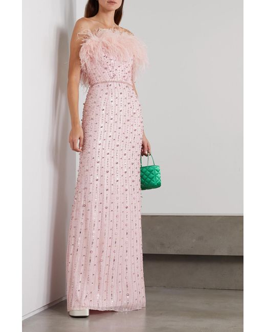 Jenny Packham Feather-trimmed Embellished Tulle Gown in Pink | Lyst