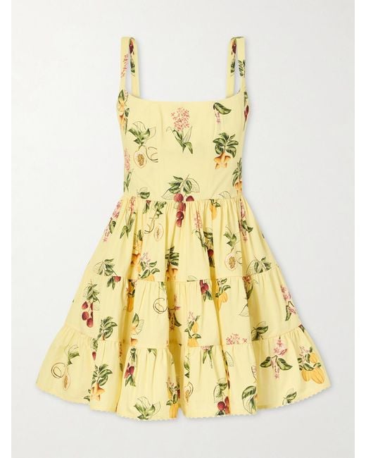 Agua Bendita Yellow Granadilla Tiered Floral-Print Cotton-Poplin Mini Dress