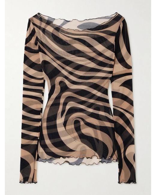 Emilio Pucci Black Ruffled Printed Chiffon Top