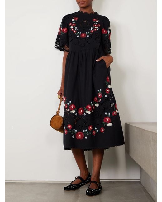 Sea Black Rosaline Midikleid Aus Einer Bestickten Baumwoll-Leinenmischung Mit Lochstickerei