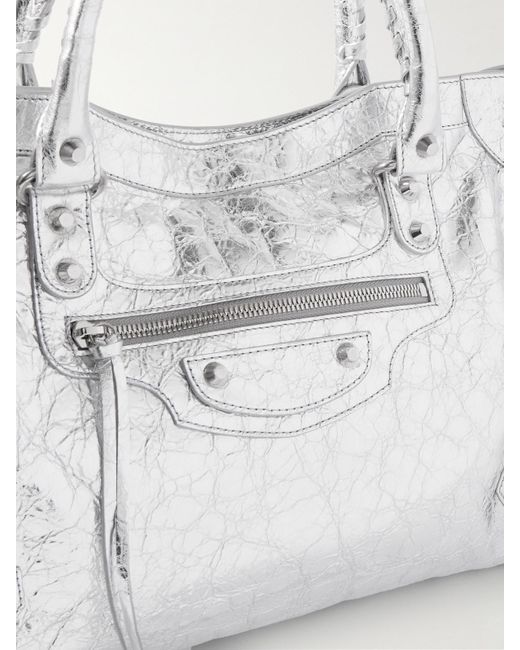 Balenciaga Gray Le City Mittelgroße Tote Aus Strukturiertem Metallic-Leder