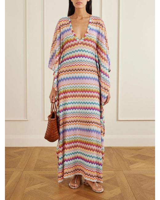 Missoni White Striped Metallic Crochet-Knit Kaftan