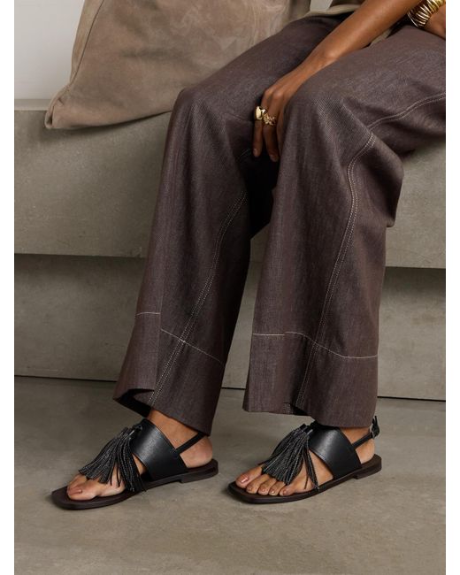 Brunello Cucinelli Black Sandalen Aus Leder Mit Troddeln Und Zierperlen