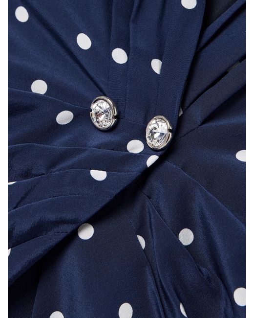 Alessandra Rich Blue Midikleid Aus Crêpe De Chine Aus Seide Mit Polka-Dots, Falten Und Verzierungen