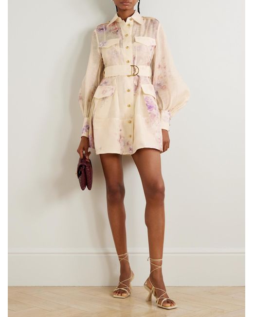 Mini-Robe En Lin Et Soie Mélangés À Imprimé Fleuri Et À Ceinture Hypnotic Zimmermann en coloris Natural