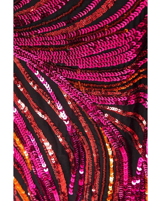 Halpern Red One-Shoulder Cutout Sequined Tulle Mini Dress