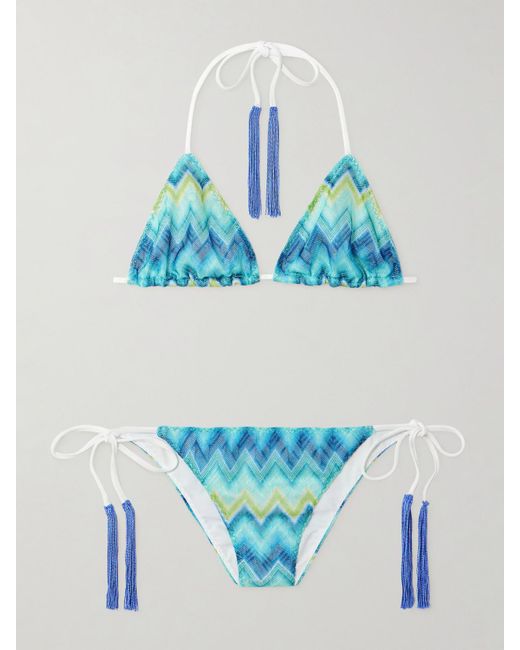 Missoni Blue Mare Triangel-Bikini Aus Gestreiftem Häkelstrick Mit Fransen
