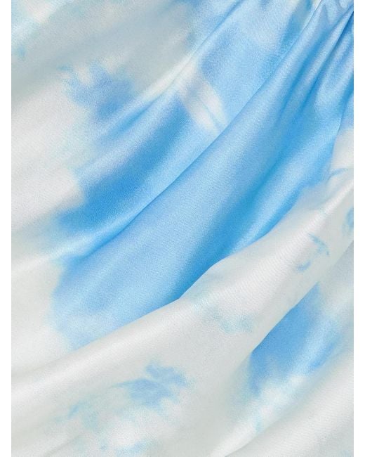 Ganni Blue Ruched Asymmetric Printed Recycled-Satin Midi Dress