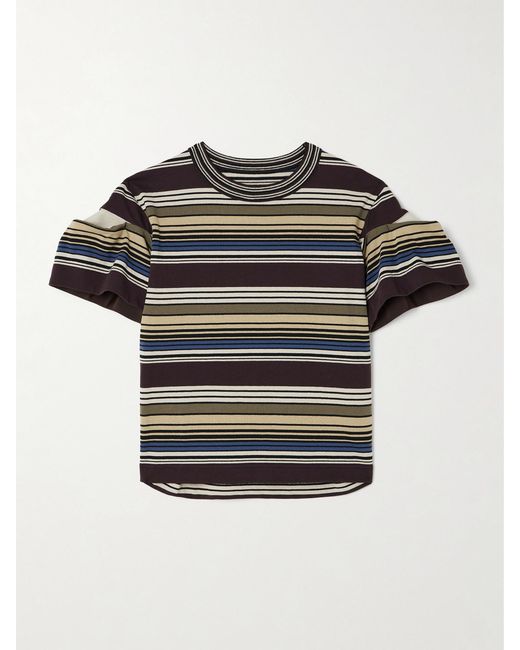 Sacai Black Piqué-Paneled Pleated Striped Cotton T-Shirt