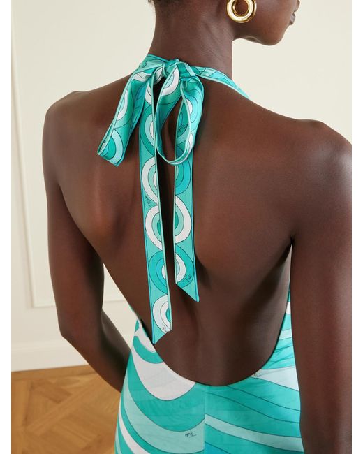 Emilio Pucci Blue Printed Silk Twill-Trimmed Crepe-Jersey Halterneck Midi Dress