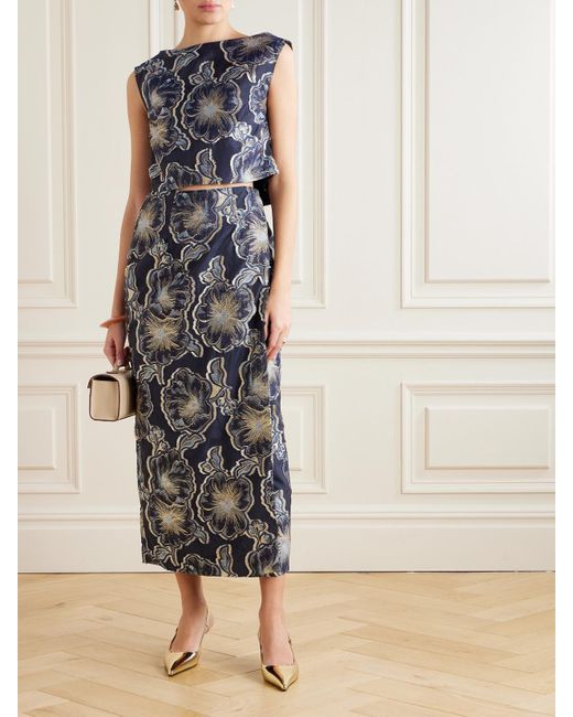 D'Estree Gray Vera Barocco Wrap-Effect Metallic Fil Coupé Midi Skirt