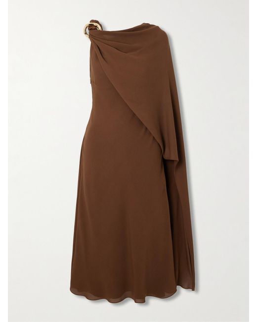 Gucci Brown Midikleid Aus Seiden-Crêpe Mit Cape-Effekt Und Verzierung