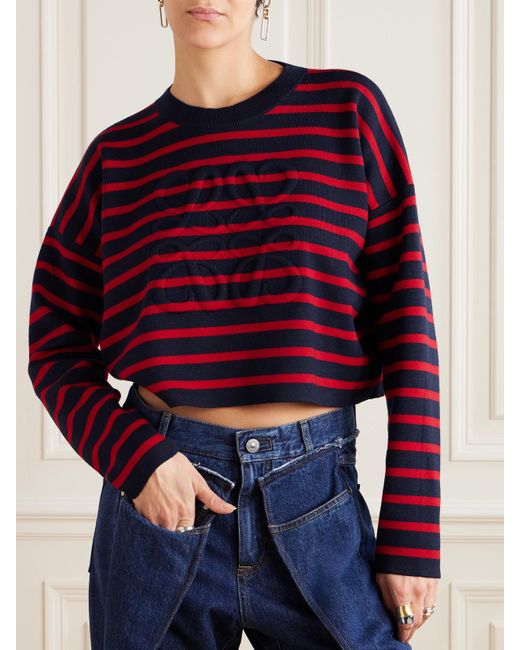 Loewe Red Cropped Oversized Striped Jacquard-Knit Wool-Blend Sweater