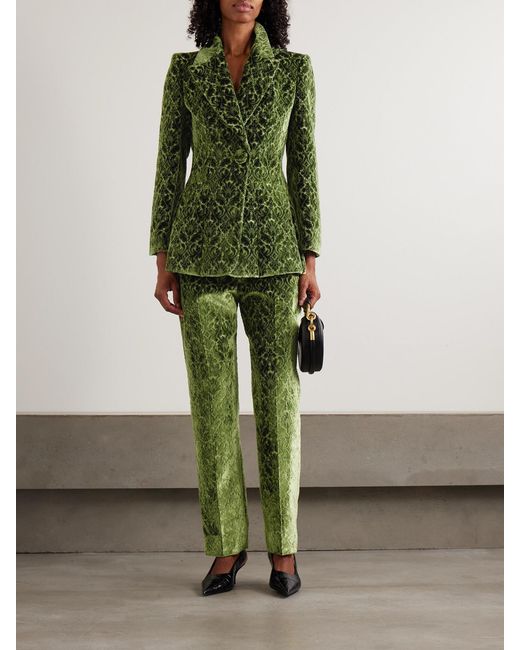 Burberry Green Velvet-Jacquard Straight-Leg Pants