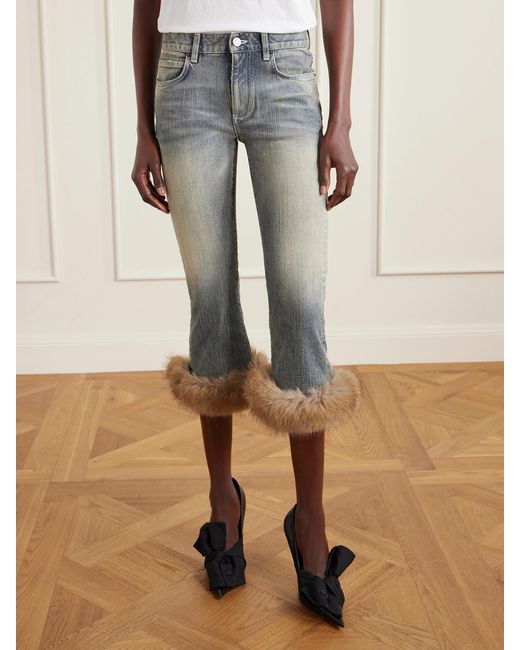 Balenciaga Blue Cropped Plush-Trimmed Low-Rise Flared Jeans