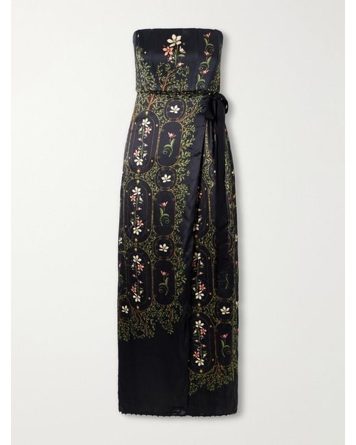 Agua Bendita Black Floral-Print Embellished Satin Midi Dress