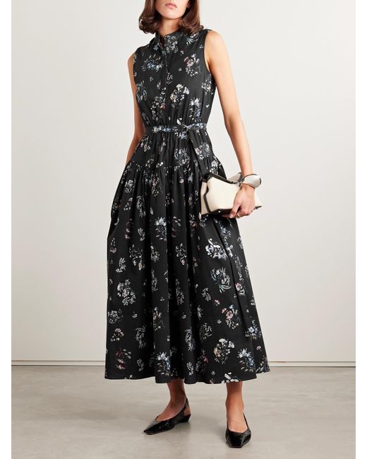 Adam Lippes Black Belted Floral-Print Cotton-Poplin Midi Dress