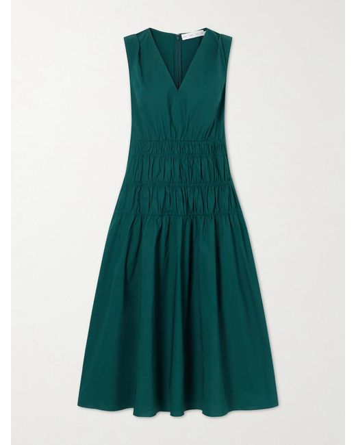 Proenza Schouler Green Loren Shirred Cotton-Blend Poplin Midi Dress