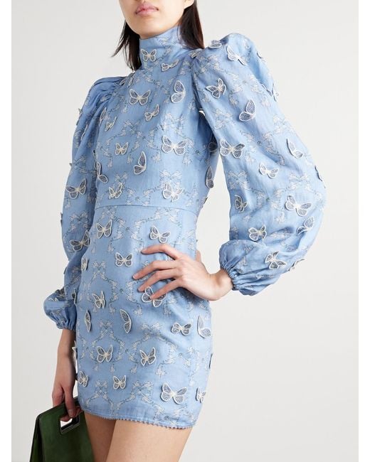 Agua Bendita Blue Guaba Lymanopoda Appliquéd Printed Linen Turtleneck Mini Dress