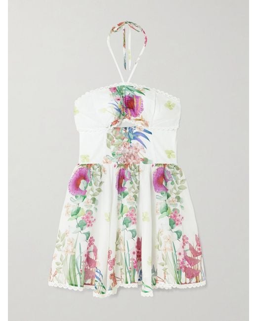 Charo Ruiz White Alheli Lace-Trimmed Cutout Floral-Print Cotton-Blend Voile Halterneck Mini Dress
