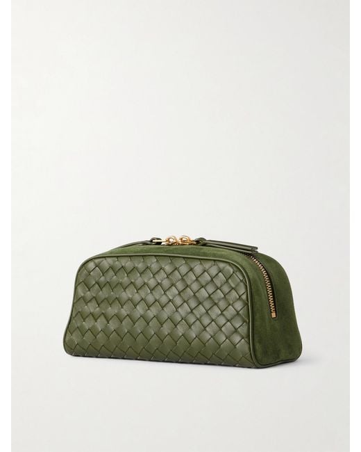 Bottega Veneta Green Nodo Small Suede-Trimmed Intrecciato Leather Pouch