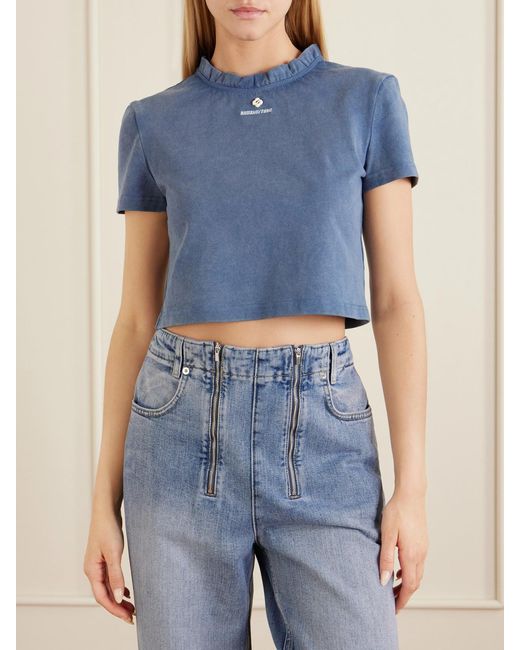 ShuShu/Tong Blue Embroidered Lace-Trimmed Cotton T-Shirt