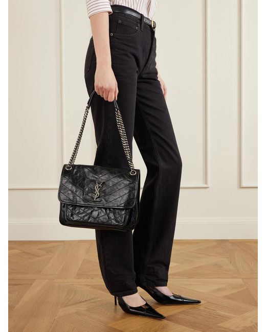 Saint Laurent Black Niki Medium Crinkled Glossed-Leather Shoulder Bag