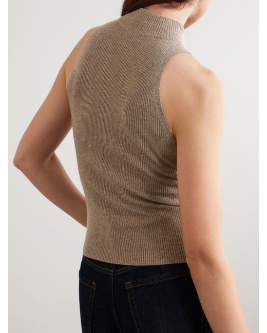 Brunello Cucinelli Brown Ärmelloser Stehkragenpullover Aus Metallic-Rippstrick