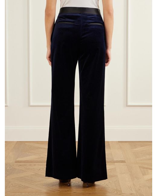 Victoria Beckham Blue Alina Satin-Trimmed Cotton-Blend Velvet Flared Pants
