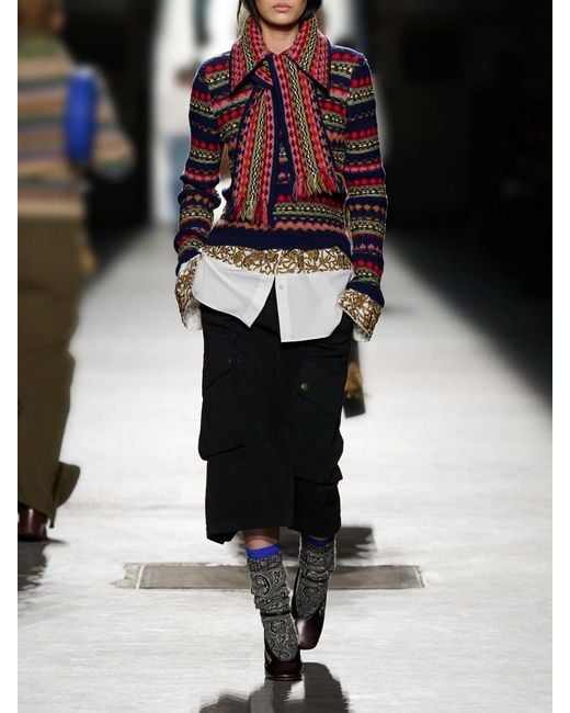 Dries Van Noten Red Fringed Intrasia-Knit Wool Scarf