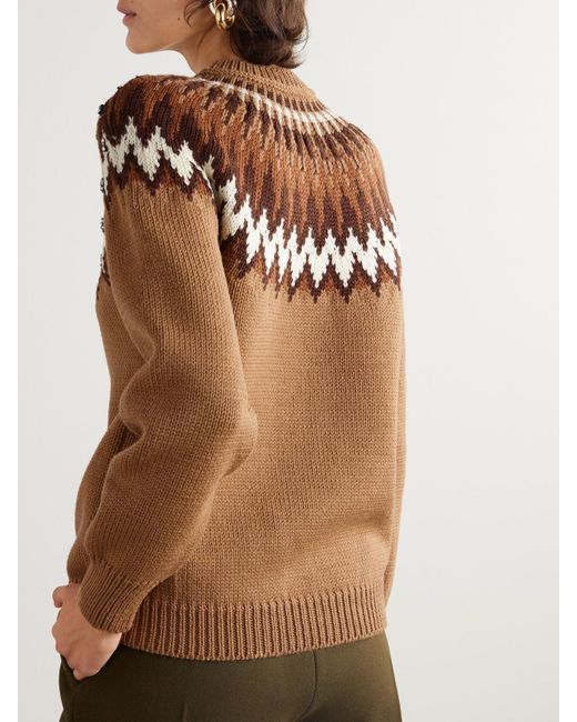 Gucci Brown Crystal-Embellished Fair Isle Wool-Blend Sweater