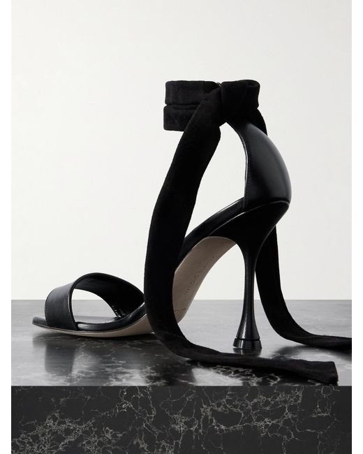 Manolo Blahnik Black Chastana 105 Suede-Trimmed Leather Sandals