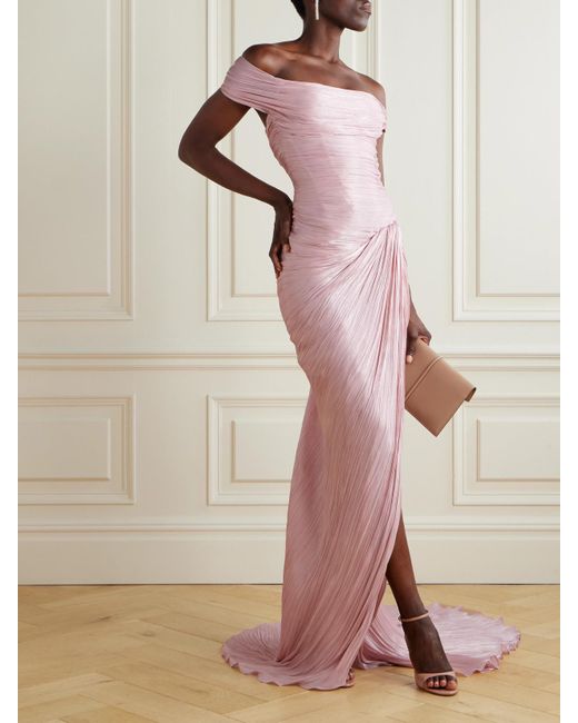 Marmar Halim Pink Off-The-Shoulder Draped Metallic Plissé-Taffeta Gown