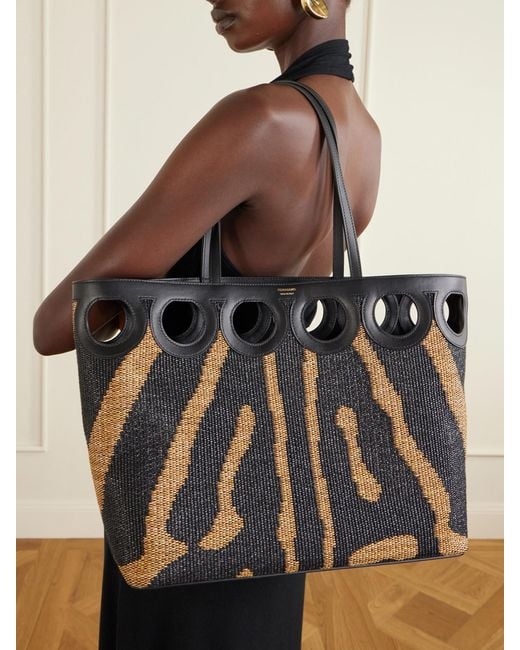 Ferragamo Black Leather-Trimmed Raffia Tote